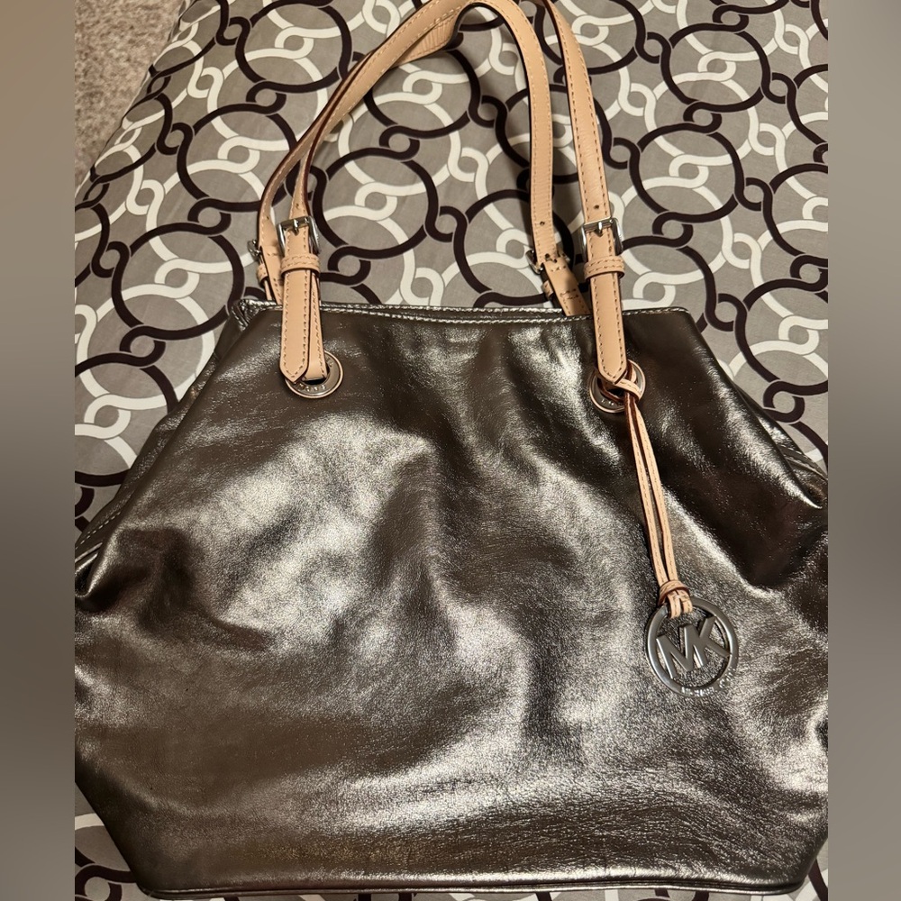 Michael Kors Metallic silver with tan straps Tote Bag
